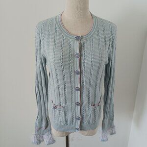 CHANEL Vintage Logo Open Front Cardigan #36 Light blue wool sweater